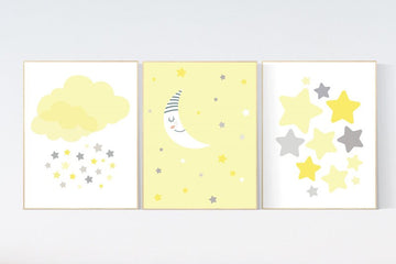 Yellow gray nursery wall art, Nursery decor girl yellow, moon cloud star, baby room decor for twin, moon nursery decor, gender neutral, twin