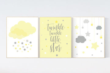 Yellow gray nursery wall art, Nursery decor girl yellow, moon cloud star, baby room decor for twin, moon nursery decor, gender neutral, twin