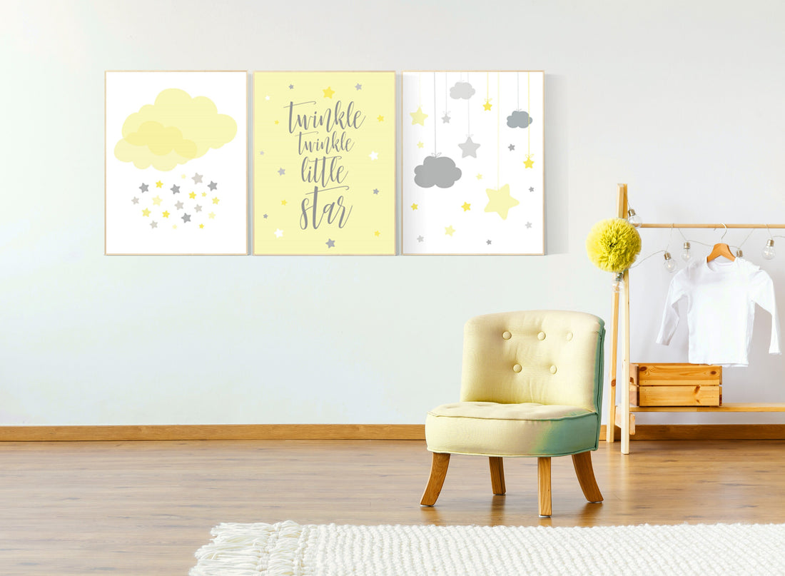 Yellow gray nursery wall art, Nursery decor girl yellow, moon cloud star, baby room decor for twin, moon nursery decor, gender neutral, twin