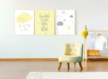 Yellow gray nursery wall art, Nursery decor girl yellow, moon cloud star, baby room decor for twin, moon nursery decor, gender neutral, twin
