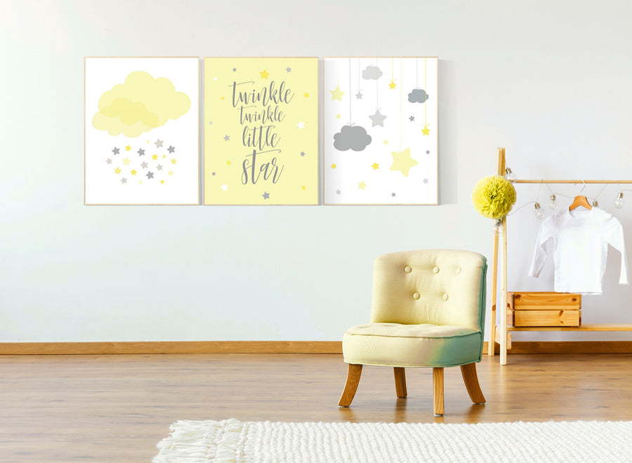 Yellow gray nursery wall art, Nursery decor girl yellow, moon cloud star, baby room decor for twin, moon nursery decor, gender neutral, twin