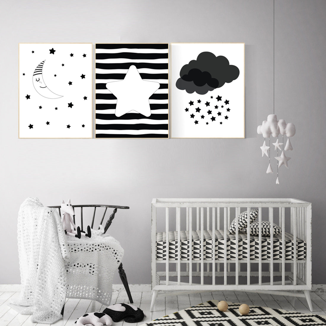 Nursery wall art black and white, black and white nursery prints, baby room decor gender neutral, cloud and stars, black white nursery art