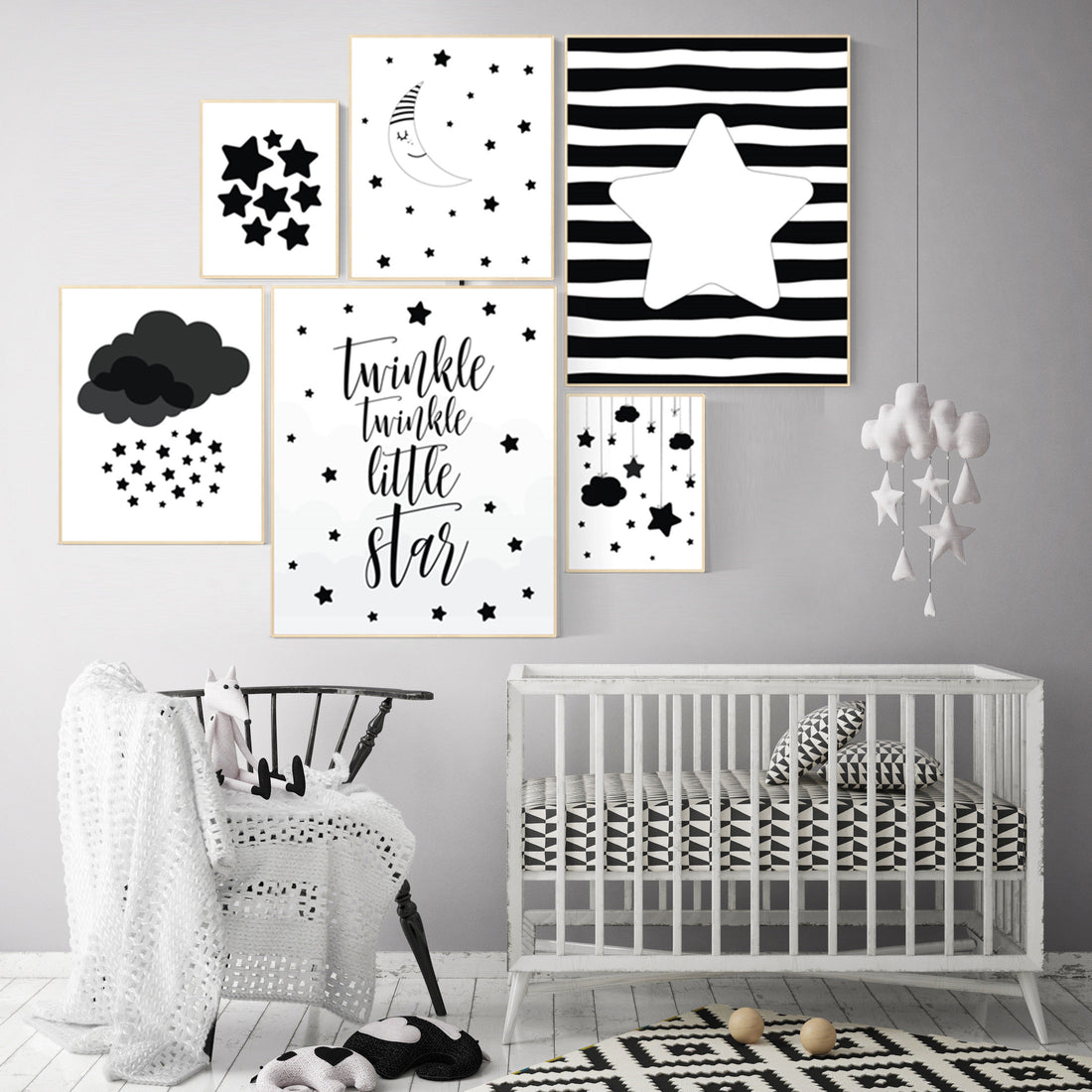 Black and white nursery prints, baby room decor gender neutral, Nursery wall art black and white, cloud and stars, black white nursery art