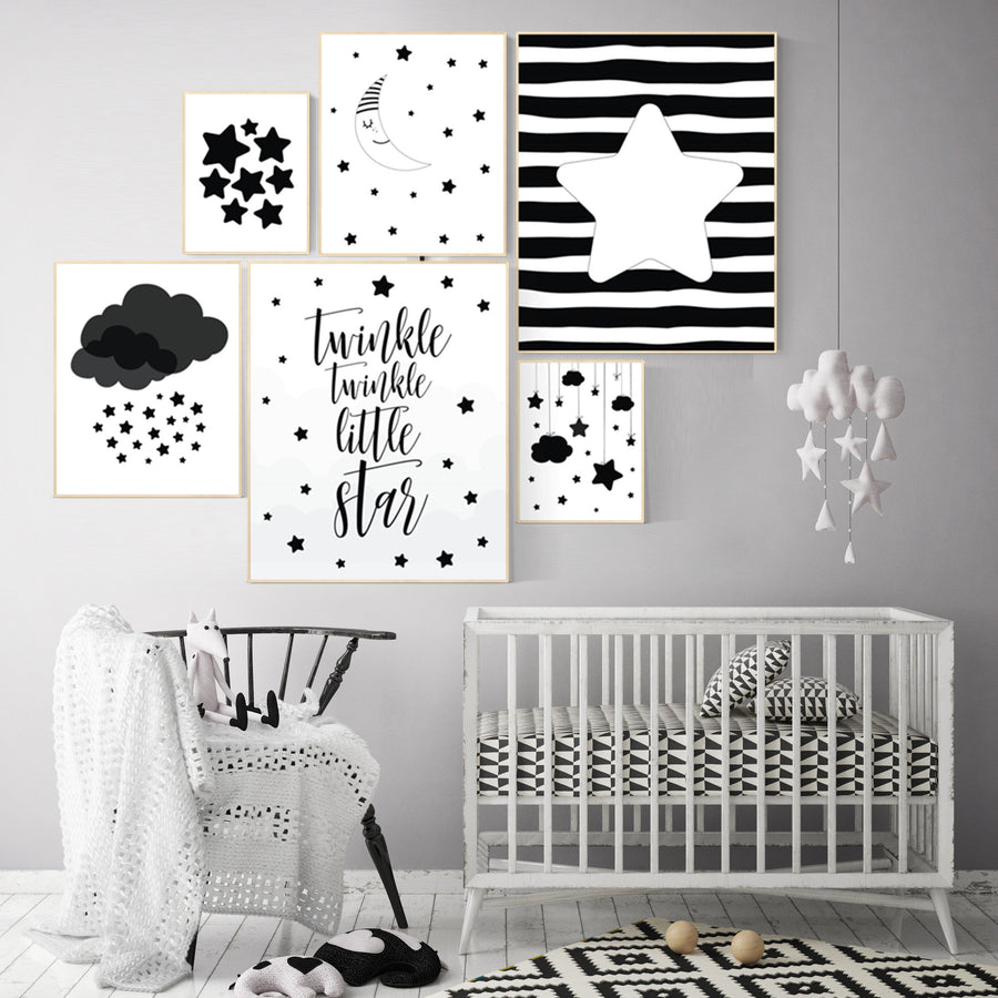 Black and white nursery prints, baby room decor gender neutral, Nursery wall art black and white, cloud and stars, black white nursery art