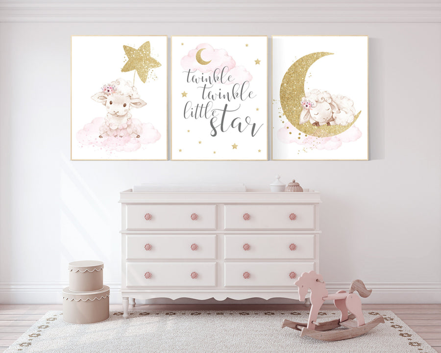 Nursery decor girl, Sheep nursery decor, nursery decor lambs, twinkle twinkle little star,nursery wall art sheep, moon and cloud