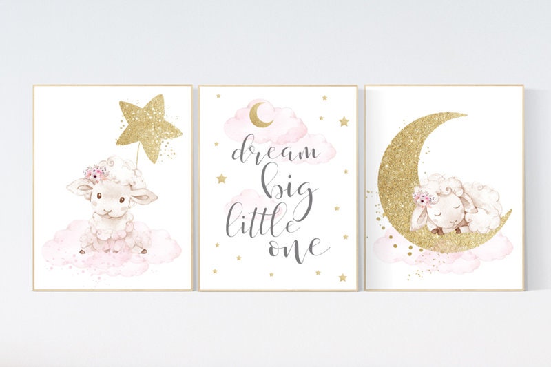 Sheep nursery decor, nursery decor lambs, dream big little one, nursery wall art sheep, moon cloud star nursery, pink gold nursery decor