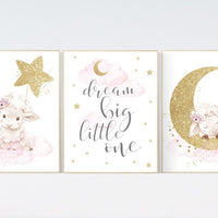 Sheep nursery decor, nursery decor lambs, dream big little one, nursery wall art sheep, moon cloud star nursery, pink gold nursery decor
