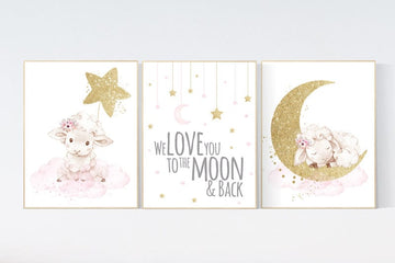 Nursery decor girl, Pink gold nursery decor, Sheep nursery decor, lambs, we love you to the moon and back, nursery wall art, moon cloud star