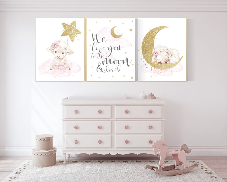 Pink gold nursery decor, Sheep nursery decor, nursery decor lambs, we love you to the moon and back, nursery wall art sheep, moon cloud star