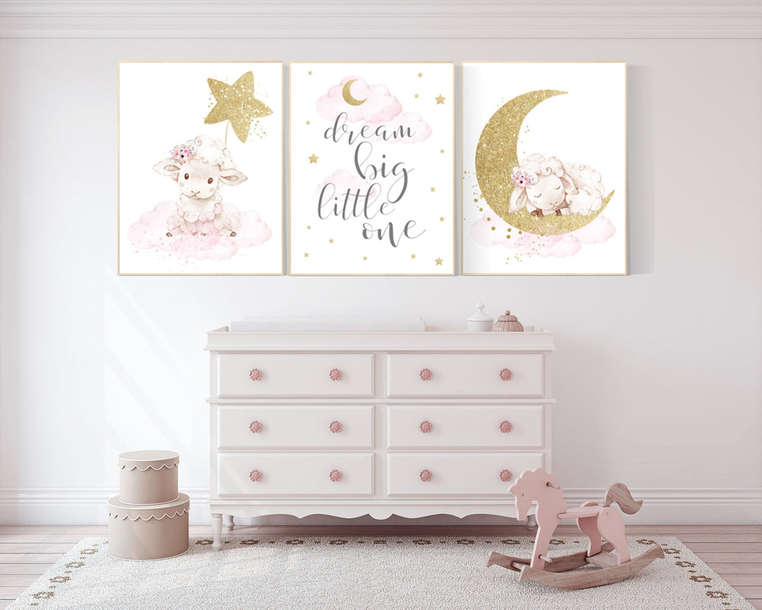Sheep nursery decor, nursery decor lambs, dream big little one, nursery wall art sheep, moon cloud star nursery, pink gold nursery decor