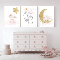 Sheep nursery decor, nursery decor lambs, dream big little one, nursery wall art sheep, moon cloud star nursery, pink gold nursery decor