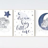 Nursery decor elephant, navy nursery decor, dream big little one, moon and stars, navy blue nursery art. baby room art, elephant nursery