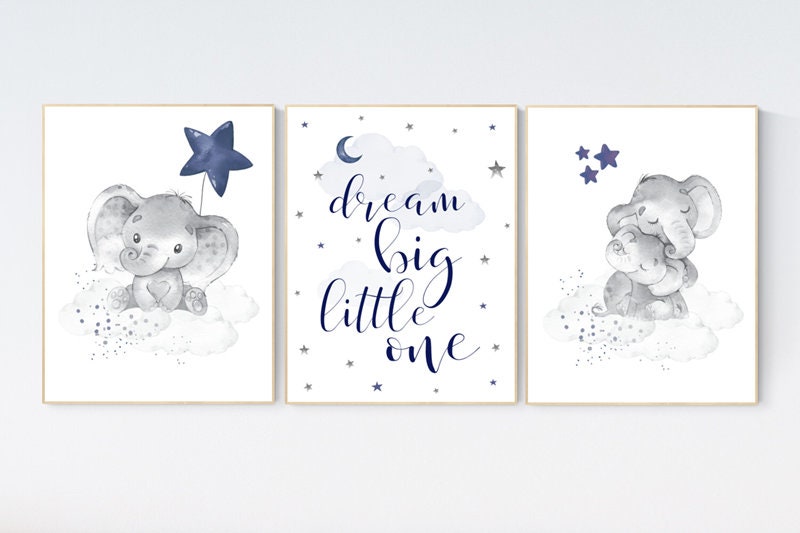 Nursery decor elephant, navy nursery decor, dream big little one, moon and stars, navy blue nursery art. baby room art, elephant nursery