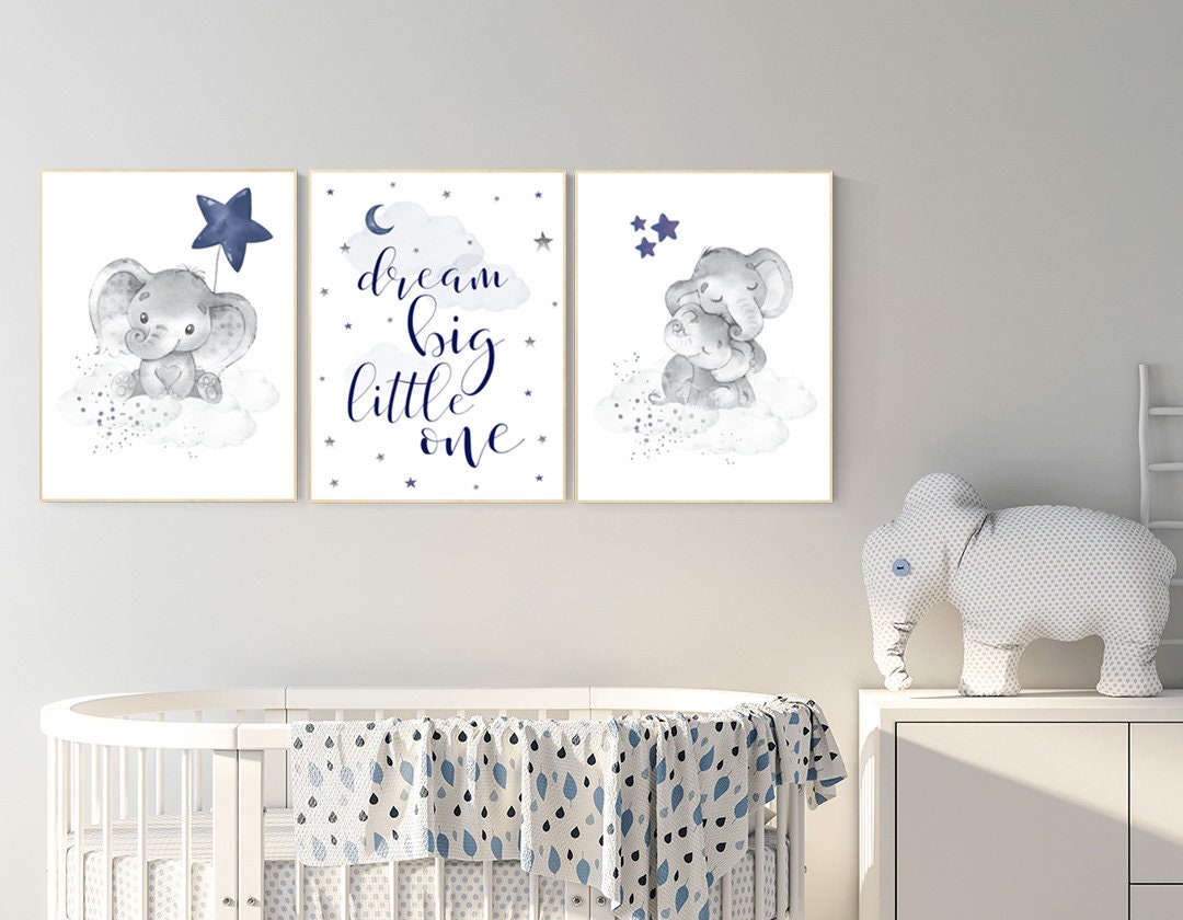 Nursery decor elephant, navy nursery decor, dream big little one, moon and stars, navy blue nursery art. baby room art, elephant nursery