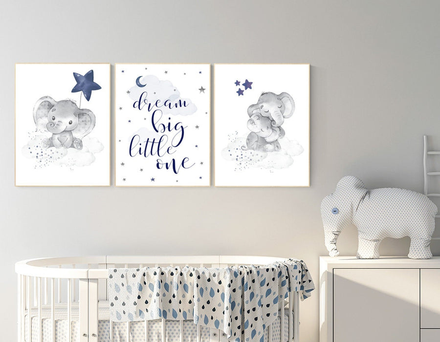 Nursery decor elephant, navy nursery decor, dream big little one, moon and stars, navy blue nursery art. baby room art, elephant nursery