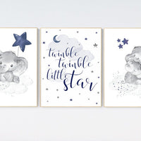 Nursery decor elephant, navy nursery decor, twinkle twinkle little star, moon and stars, navy blue nursery art. baby room, elephant nursery