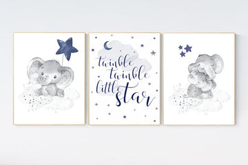 Nursery decor elephant, navy nursery decor, twinkle twinkle little star, moon and stars, navy blue nursery art. baby room, elephant nursery