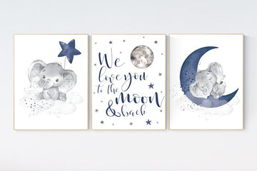 Nursery decor elephant, navy nursery decor, we love you to the moon and back, moon and stars, navy blue nursery art, elephant nursery art
