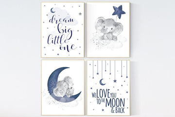 Nursery decor boy elephant, navy nursery decor, we love you to the moon and back, moon and stars, navy blue nursery art, elephant nursery