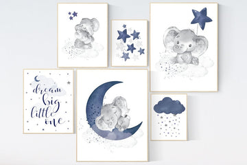 Nursery decor boy elephant, nursery wall art boy, navy Blue, moon and stars, navy nursery, boy nursery decor, elephant nursery art, star