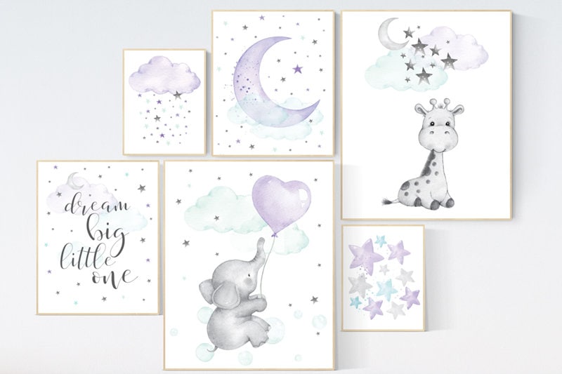 Purple and teal nursery decor, nursery decor Elephant, giraffe nursery print, nurser decor girl, lilac nursery print, lavender, lilac mint