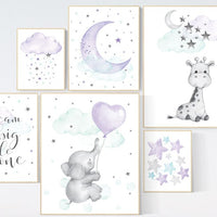 Purple and teal nursery decor, nursery decor Elephant, giraffe nursery print, nurser decor girl, lilac nursery print, lavender, lilac mint