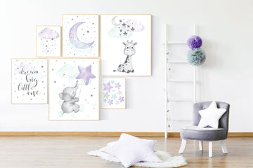 Purple mint nursery wall art, Nursery decor girl purple, elephant, giraffe, lilac nursery print, lavender, purple teal, baby girl nursery
