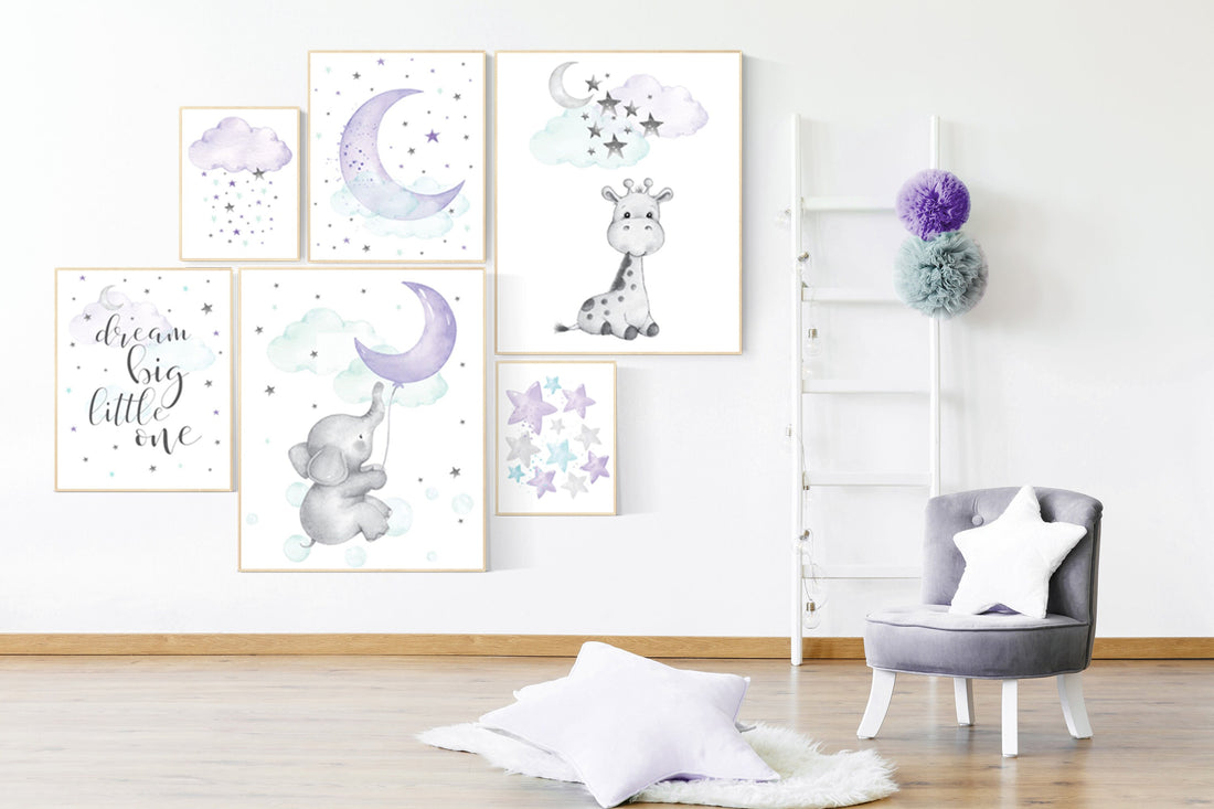 Elephant, giraffe, nurser decor girl, Purple teal nursery wall art, Nursery decor girl purple, lilac nursery print, lavender, lilac mint