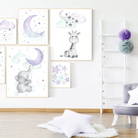Elephant, giraffe, nurser decor girl, Purple teal nursery wall art, Nursery decor girl purple, lilac nursery print, lavender, lilac mint