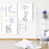 Purple and teal nursery decor, nursery decor Elephant, giraffe nursery print, nurser decor girl, lilac nursery print, lavender, lilac mint