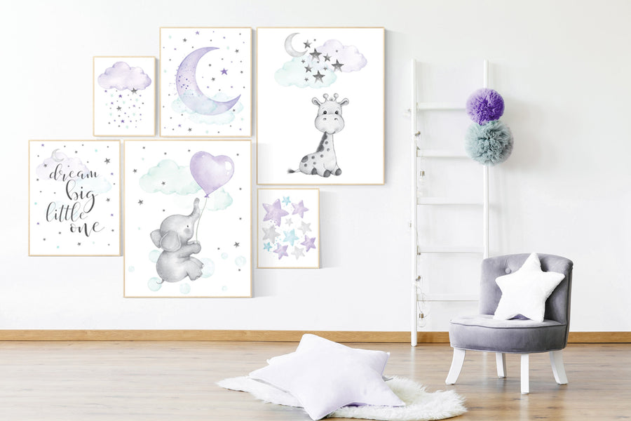 Purple and teal nursery decor, nursery decor Elephant, giraffe nursery print, nurser decor girl, lilac nursery print, lavender, lilac mint