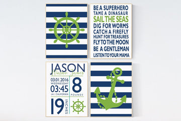 Nautical Nursery Art Print Set, Navy Green, Boy Rules Print, baby boy nursery, nautical prints, boys room decor, birth stats