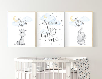 Nursery wall art elephant, nursery decor neutral, dream big little one, cloud and stars, giraffe nursery, moon and stars, gender neutral