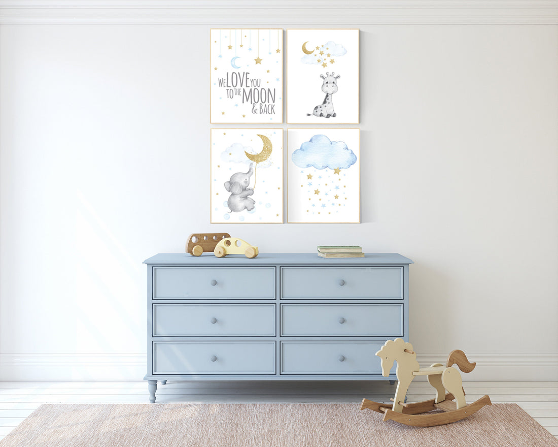 Giraffe nursery, Blue and gold nursery, Nursery decor boy elephant, we love you to the moon and back, blue nursery wall art, moon and stars