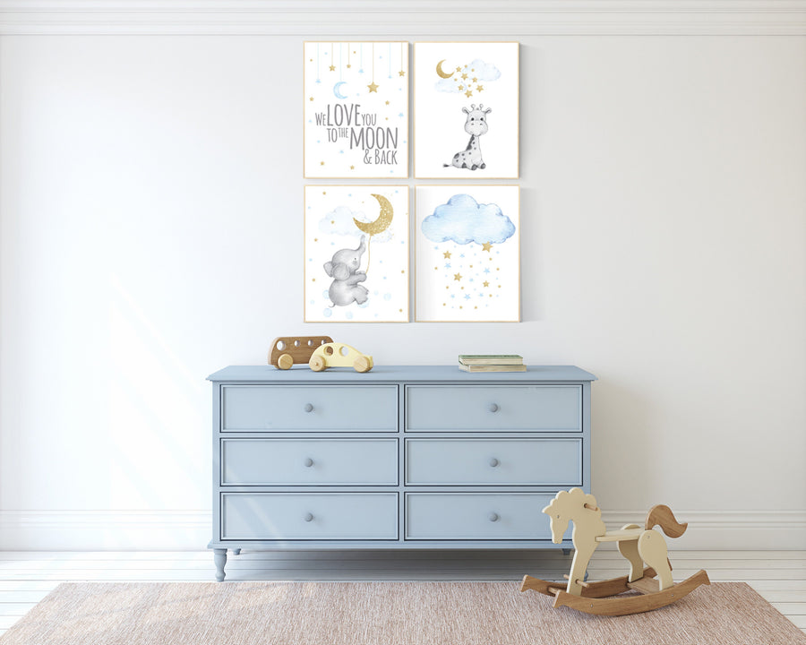 Giraffe nursery, Blue and gold nursery, Nursery decor boy elephant, we love you to the moon and back, blue nursery wall art, moon and stars