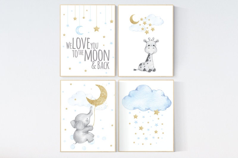 Giraffe nursery, Blue and gold nursery, Nursery decor boy elephant, we love you to the moon and back, blue nursery wall art, moon and stars