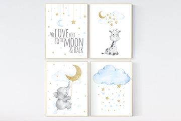 Giraffe nursery, Blue and gold nursery, Nursery decor boy elephant, we love you to the moon and back, blue nursery wall art, moon and stars