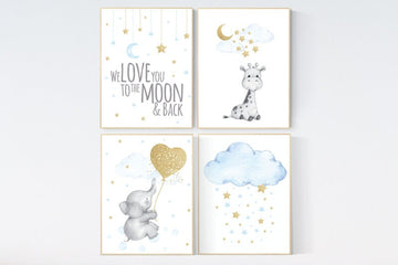 Blue and gold nursery, Nursery decor boy elephant, we love you to the moon and back, blue nursery wall art, moon and stars, giraffe nursery