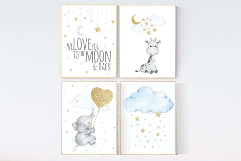 Blue and gold nursery, Nursery decor boy elephant, we love you to the moon and back, blue nursery wall art, moon and stars, giraffe nursery
