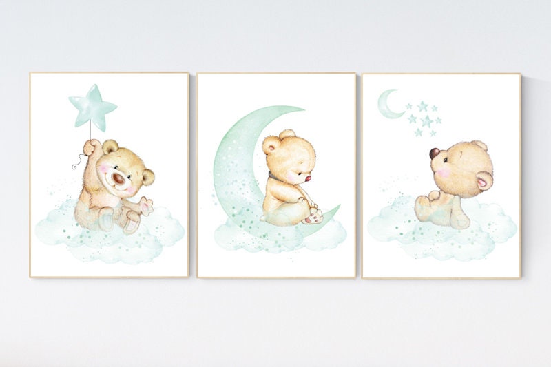 Mint nursery decor, nursery decor bear, teddy bear, gender neutral nursery, moon and clouds, mint green nursery wall art, baby room decor