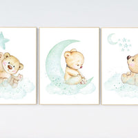 Mint nursery decor, nursery decor bear, teddy bear, gender neutral nursery, moon and clouds, mint green nursery wall art, baby room decor