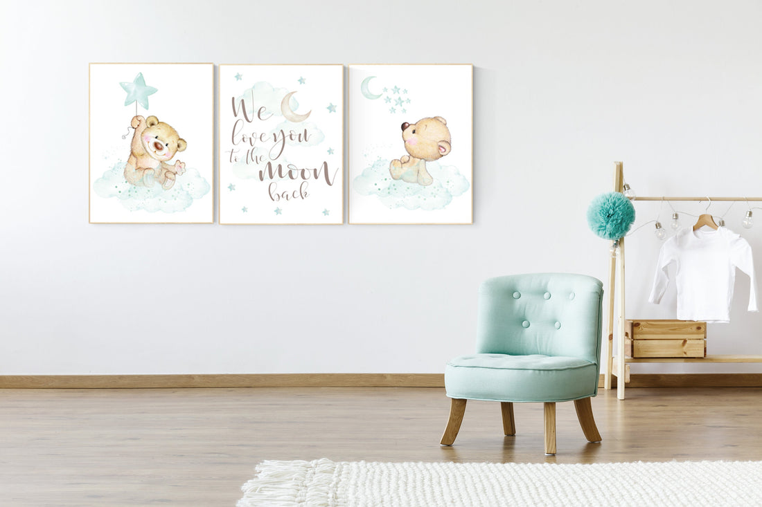 Mint nursery decor, nursery decor bear, teddy bear, gender neutral nursery, moon and stars, we love you to the moon and back, baby room