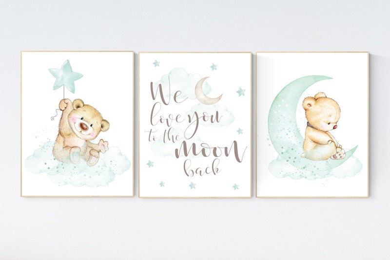 Nursery decor bear, Mint nursery decor, teddy bear, gender neutral nursery, moon and stars, we love you to the moon and back, baby room