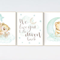 Nursery decor bear, Mint nursery decor, teddy bear, gender neutral nursery, moon and stars, we love you to the moon and back, baby room