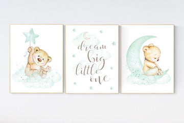 Mint nursery decor, nursery decor bear, teddy bear, gender neutral nursery, moon and stars, dream big little one, baby room art, mint green