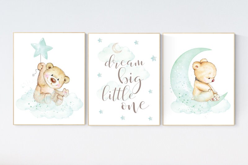 Mint nursery decor, nursery decor bear, teddy bear, gender neutral nursery, moon and stars, dream big little one, baby room art, mint green