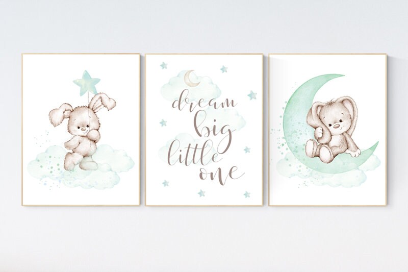 Nursery decor bunny, mint nursery, rabbit nursery, mint green nursery, dream big little one, Bunny print, gender neutral, woodland animals