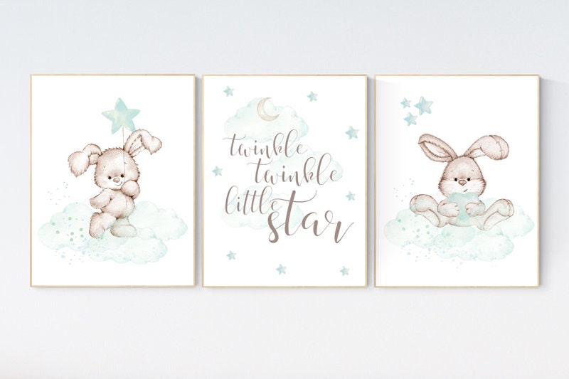 Nursery decor bunny, mint nursery, rabbit, twinkle twinkle little star, mint green, Bunny print nursery, gender neutral, woodland animals