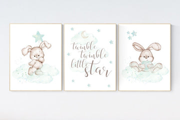 Nursery decor bunny, mint nursery, rabbit, twinkle twinkle little star, mint green, Bunny print nursery, gender neutral, woodland animals