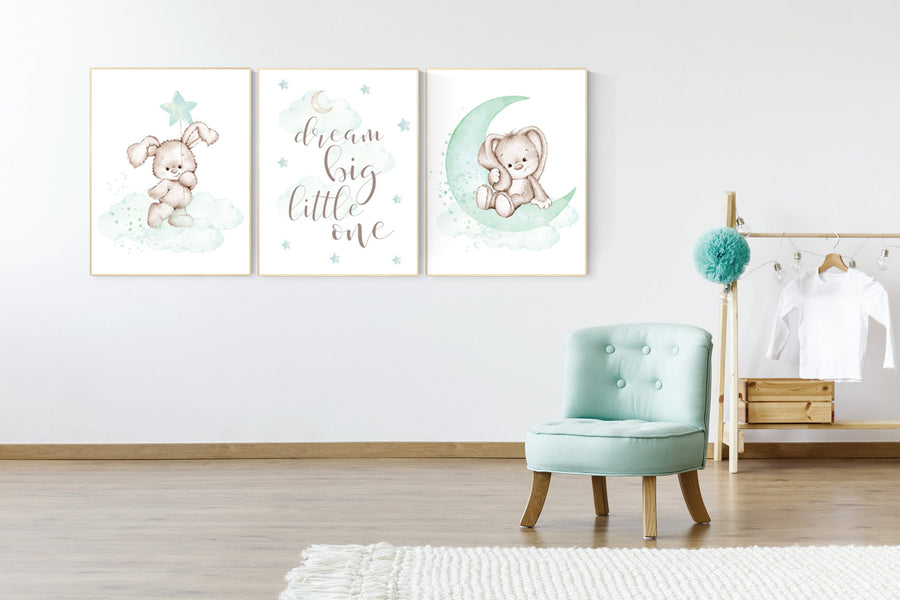Nursery decor bunny, mint nursery, rabbit nursery, mint green nursery, dream big little one, Bunny print, gender neutral, woodland animals